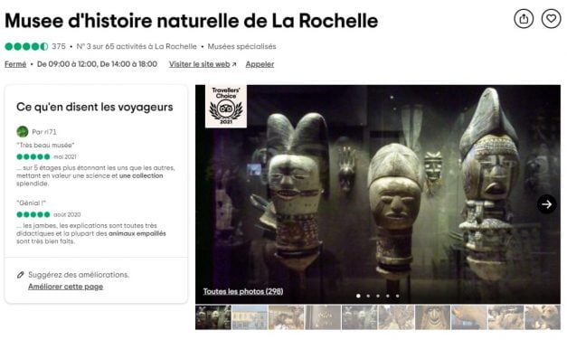 Le Muséum d’Histoire naturelle de La Rochelle reçoit le prix Tripadvisor Travellers’ Choice 2021