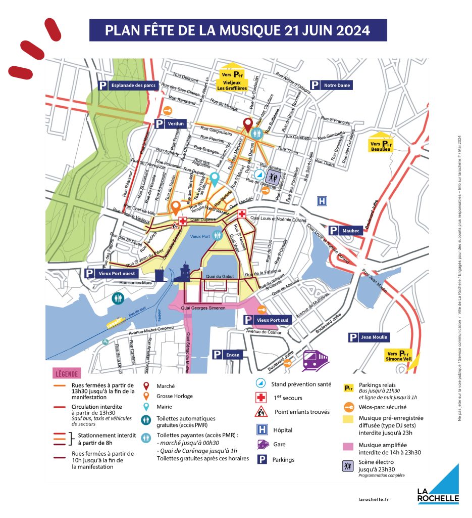 Plan de la circulation modifiée à La Rochelle pour la fête de la musique.